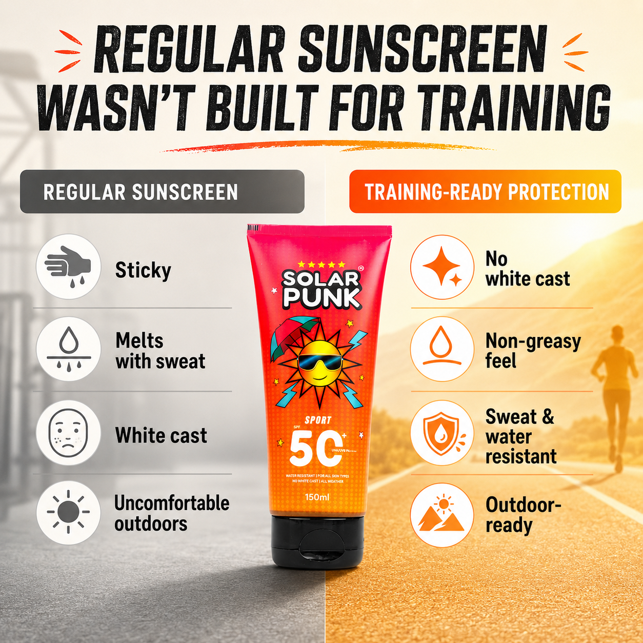 Solar Punk Sunscreen SPF 50+ PA++++ | Sweat & Water Resistant | No White Cast | Sports & Outdoor Protection | 150g