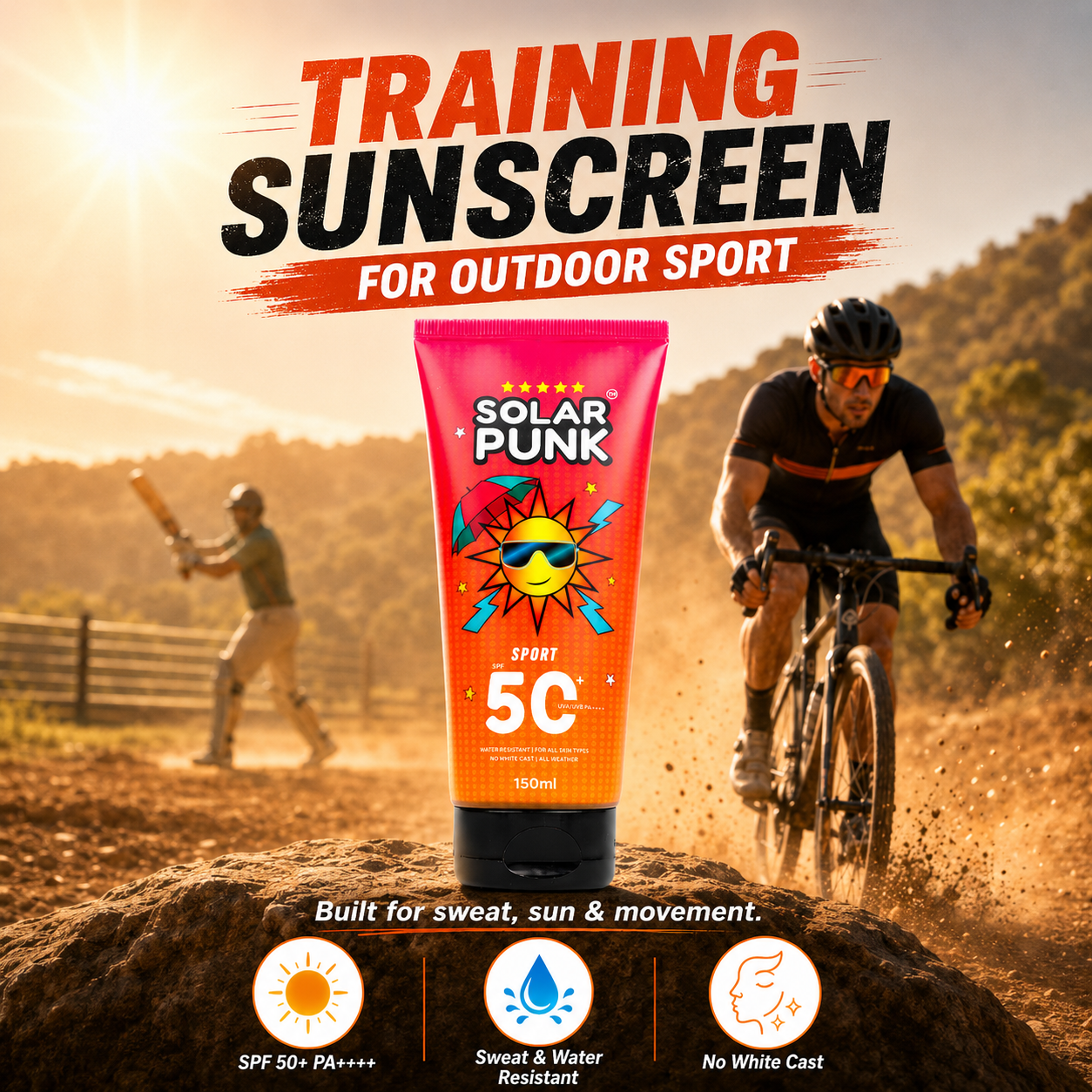 Solar Punk Sunscreen SPF 50+ PA++++ | Sweat & Water Resistant | No White Cast | Sports & Outdoor Protection | 150g