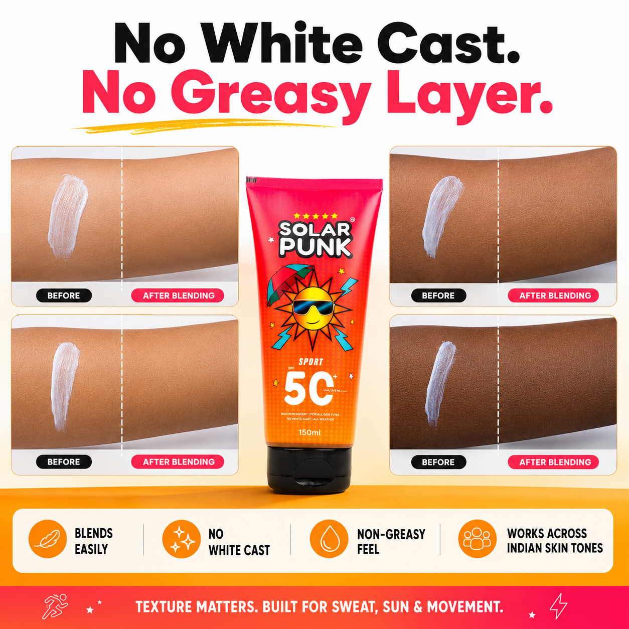Solar Punk Sunscreen SPF 50+ PA++++ | Sweat & Water Resistant | No White Cast | Sports & Outdoor Protection | 150g